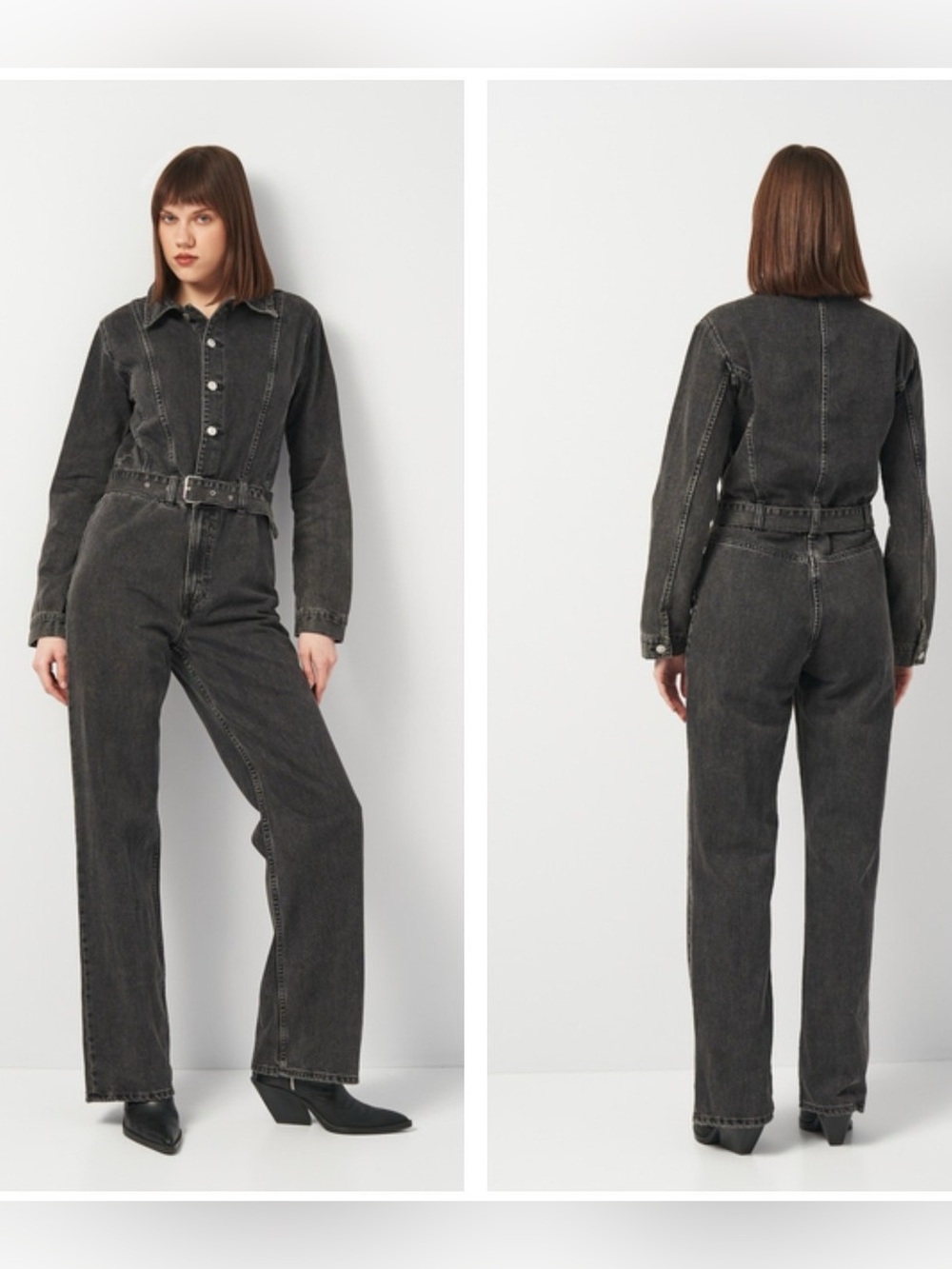 ZARA Anthracite Gray Denim Jumpsuit Long Sleeve Belted Size XS